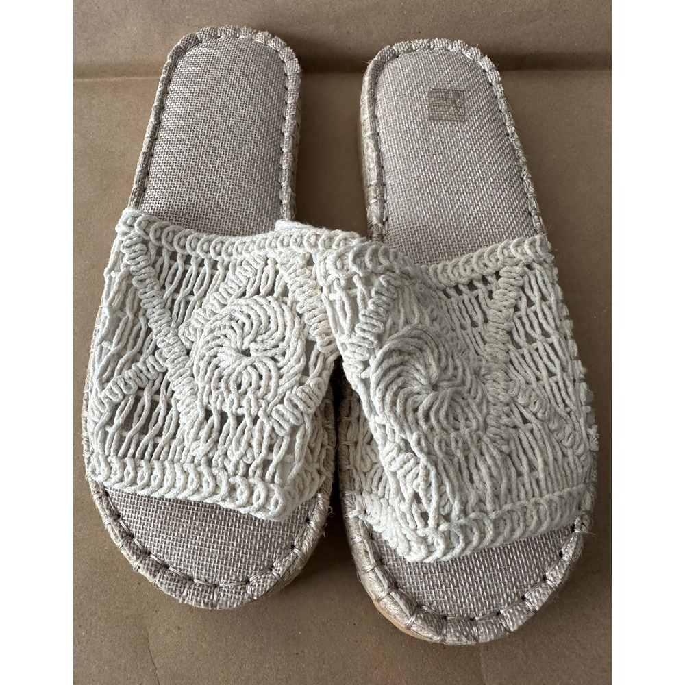 Woven Macrame Espadrille Slide Sandals Cream Boho Jute Flat Platform Slides